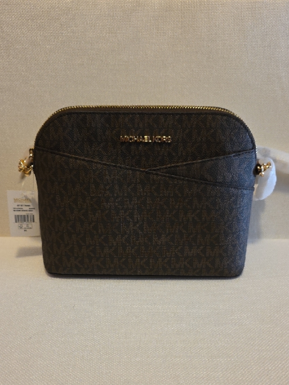 NWT Michael Kors Jet Set Travel Dome Brown Signature MK Crossbody
